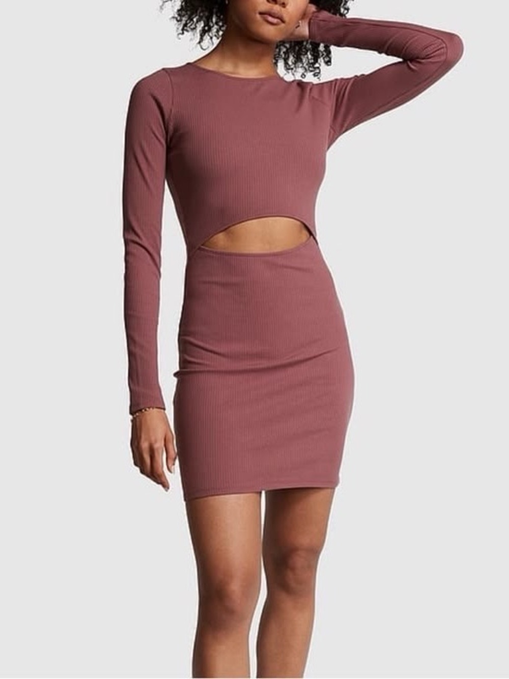 NWT PINK Victoria's Secret Ribbed Long Sleeve Cutout dress Mauve Rose